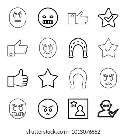 Good icons. set of 16 editable outline good icons such as horseshoe, star, angry emot, favorite photo, thumbs up, like, user and tick, horseshoe