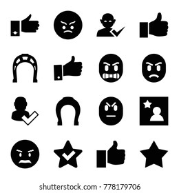 Good icons. set of 16 editable filled good icons such as star, user and tick, angry emote, thumb up, favorite photo, thumbs up, horseshoe
