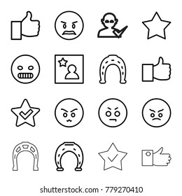 Good icons. set of 16 editable outline good icons such as horseshoe, like, star, angry emot, horseshoe, thumb up, favorite photo