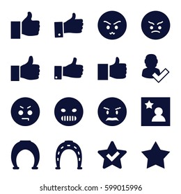 good icons set. Set of 16 good filled icons such as Horseshoe, angry emot, thumb up, favorite photo, star, thumbs up, user and tick, like