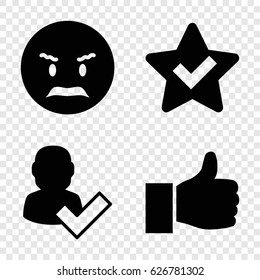 Good icons set. set of 4 good filled icons such as angry emot, thumbs up, user and tick