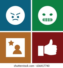 Good icons set. set of 4 good filled icons such as angry emot, favorite photo