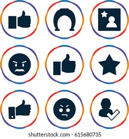 Good icons set. set of 9 good filled icons such as angry emot, thumb up, favorite photo, star, user and tick, like