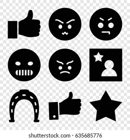 Good icons set. set of 9 good filled icons such as horseshoe, angry emot, thumb up, favorite photo, star