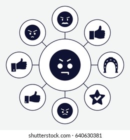 Good icons set. set of 9 good filled icons such as horseshoe, angry emot, thumb up, thumbs up