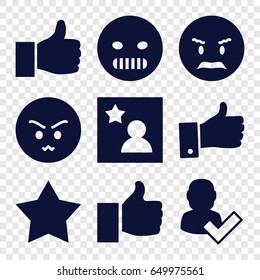Good icons set. set of 9 good filled icons such as angry emot, thumb up, favorite photo, star, thumbs up