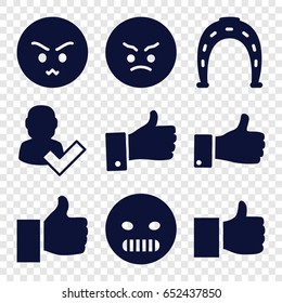 Good icons set. set of 9 good filled icons such as horseshoe, angry emot, thumb up, user and tick