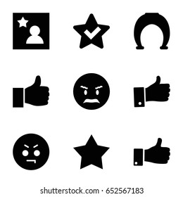 Good icons set. set of 9 good filled icons such as angry emot, thumb up, favorite photo, star, thumbs up