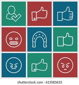 Good icons set. set of 9 good outline icons such as Horseshoe, thumb up, angry emot, like, user and tick