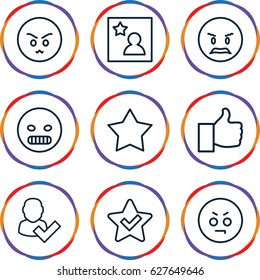 Good icons set. set of 9 good outline icons such as favorite photo, angry emot, star, user and tick