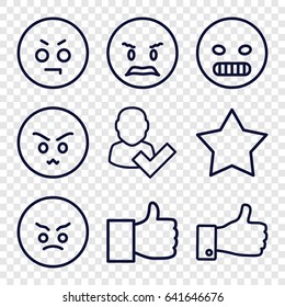 Good icons set. set of 9 good outline icons such as thumb up, angry emot, like, user and tick
