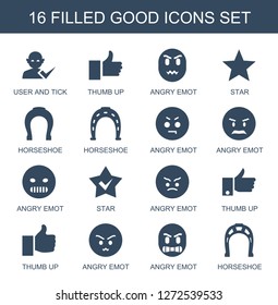 good icons. Trendy 16 good icons. Contain icons such as user and tick, thumb up, angry emot, star, horseshoe, Horseshoe. good icon for web and mobile.