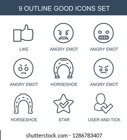 good icons. Trendy 9 good icons. Contain icons such as like, angry emot, horseshoe, Horseshoe, star, user and tick. good icon for web and mobile.