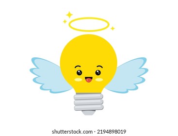 Good idea angel with halo light bulb kawaii character vector icon. Flat design cartoon cute emoticon vector illustration for innovation and creativity think and problem solving.
