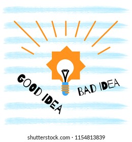 Good Idea - Bad Idea Concept With Stylized Light Bulb Drawing On Striped Background