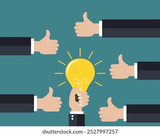 Good idea concept. Hand holding a lightbulb while other hands showing thumbs up hand sign. Flat style. Business strategy planning objects icon set collage. Vector illustration