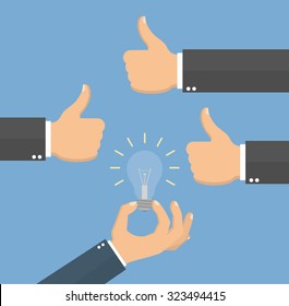 Good idea concept. Hand holding a lightbulb while other hands showing thumbs up hand sign. Flat style