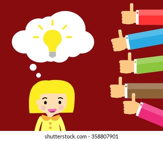 Good idea concept. Hand holding a lightbulb while other hands showing thumbs up hand sign. Flat style. Business strategy planning objects. businesswoman. Like hand sign.