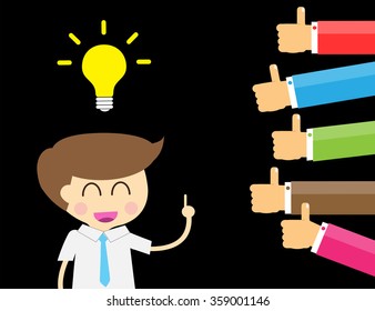 Good idea concept. Hand holding a lightbulb while other hands showing thumbs up hand sign. Flat style. Business strategy planning objects. businessman. Like hand sign.