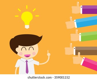 Good idea concept. Hand holding a lightbulb while other hands showing thumbs up hand sign. Flat style. Business strategy planning objects. businessman. Like hand sign.