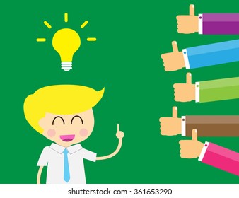 Good idea concept. Hand holding a lightbulb while other hands showing thumbs up hand sign. Flat style. Business strategy planning objects. businessman. Like hand sign.