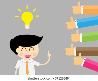 Good idea concept. Hand holding a lightbulb while other hands showing thumbs up hand sign. Flat style. Business strategy planning objects. businessman. Like hand sign.