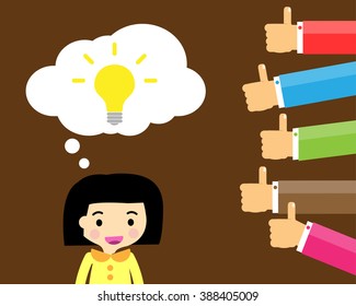Good idea concept. Hand holding a lightbulb while other hands showing thumbs up hand sign. Flat style. Business strategy planning objects. businesswoman. Like hand sign.