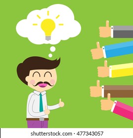 Good idea concept. Hand holding a lightbulb while other hands showing thumbs up hand sign. Flat style. Business strategy planning objects. businessman. Like hand sign.
