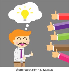 Good idea concept. Hand holding a lightbulb while other hands showing thumbs up hand sign. Flat style. Business strategy planning objects. businessman. Like hand sign.