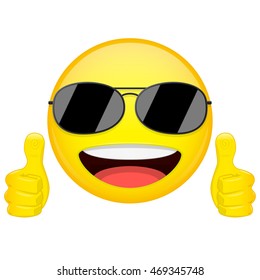 Good idea emoji. Thumbs up emotion. Cool guy with sunglasses emoticon. Vector illustration smile icon.