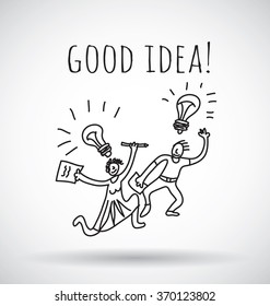 Good idea happy creative couple team black and white. Black and white vector illustration. EPS10