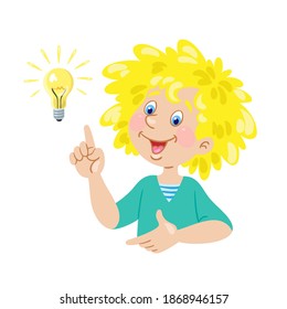 A good idea! Happy girl shows finger up and a light bulb as a symbol of creative solution. In cartoon style. Isolated on white background. Vector flat illustration.