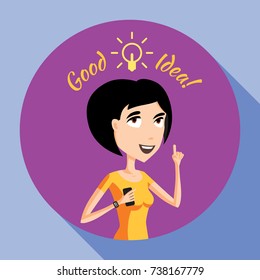 Good Idea Happy Young Woman Cartoon Character with Smartphone Concept Vector Art Design Illustration
