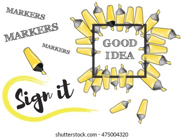 good idea inscription in the black box surrounded by yellow background with a marker pen, concept label, conceptual image, vector illustration