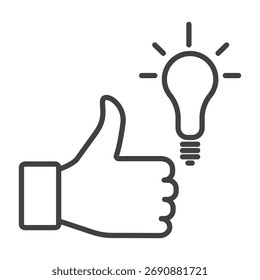 Good idea linear icon isolated on transparent background. Thumbs-up with light bulb symbol for business success, creativity, and innovation concept. Editable stroke design.