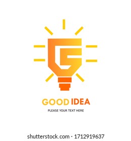 Ilustración de diseño de logotipo de buena idea. hay lámpara y letra G.