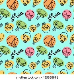Good idea . Love, summer, travel. Light bulb. Lettering. Seamless vector pattern (background).