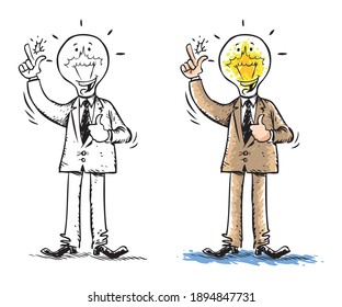 Good idea man. Hand drawn illustration of a businessman illustration in black - white and colored versions. All versions are layered separately