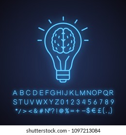 Good Idea Neon Light Icon. Human Brain Inside Light Bulb. Eureka. Glowing Sign With Alphabet, Numbers And Symbols. Vector Isolated Illustration