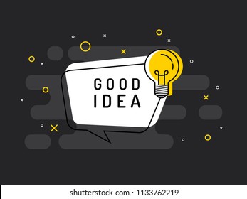 Good Idea Quick Tips badge with light bulb and speech bubble. Trendy flat vector on black background. Vector Illustration. 