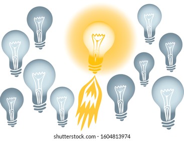 Good idea. Set of laying light bulbs with one hanging and glowing. Great idea, business solution, innovative technology. Modern flat design concept for web banners, web sites and printed materials.