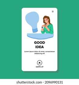 Good Idea For Startup Or Business Has Girl Vector. Young Businesswoman With Good Idea For Solve Problem Or Development Process. Character Lady And Lightbulb Web Flat Cartoon Illustration