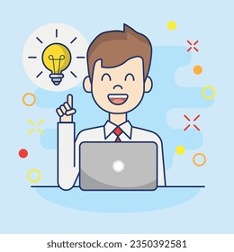 Good idea vector illustration. Man with laptop on isolated background. Bulb sign concept.