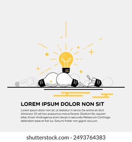 Good idea. Vector illustration. The only glowing light bulb in the middle of the unlit and broken