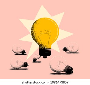 Good idea or working idea concept with big glowing bulb lamp and the inoperative extinct light bulbs lying below. Vector illustration