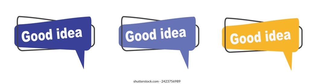 Buena idea escrita sobre la burbuja del habla. Conjunto de publicidad. Ilustración de material vectorial.