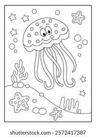 good jelly fish with sea view background coloring page for kids. Funny animal outline vector illustration.