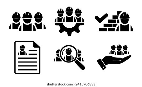 Good job of construction worker symbol. Building contractor icon set in flat. Search, resume, brick wall, check mark icons. Approved work Builders icons in black Vector illustration for graphic design