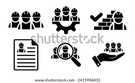 Good job of construction worker symbol. Building contractor icon set in flat. Search, resume, brick wall, check mark icons. Approved work Builders icons in black Vector illustration for graphic design