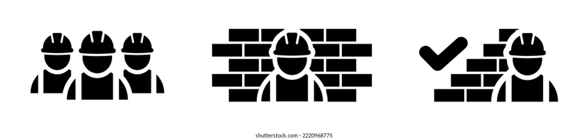 Buen trabajo de los trabajadores de la construcción conjunto de iconos. Construcción de contratistas y pared de ladrillo con símbolo de marca de verificación en negro. Trabajadores industriales. Trabajos aprobados. Iconos del constructor Ilustración vectorial para diseño gráfico